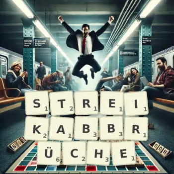 Kreative Illustration für ein Scrabble-Spiel, bei dem das Wort STREIKABBRÜCHE mit Steinen auf dem Brett gelegt wurde.