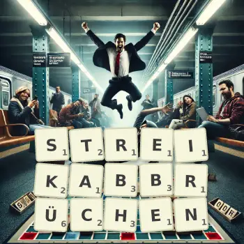 Kreative Illustration für ein Scrabble-Spiel, bei dem das Wort STREIKABBRÜCHEN mit Steinen auf dem Brett gelegt wurde.