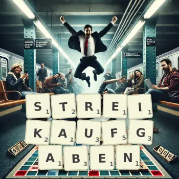 Kreative Illustration für ein Scrabble-Spiel, bei dem das Wort STREIKAUFGABEN mit Steinen auf dem Brett gelegt wurde.