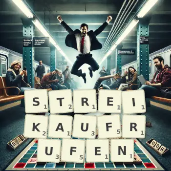 Kreative Illustration für ein Scrabble-Spiel, bei dem das Wort STREIKAUFRUFEN mit Steinen auf dem Brett gelegt wurde.