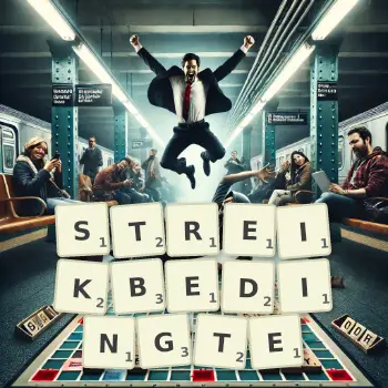 Kreative Illustration für ein Scrabble-Spiel, bei dem das Wort STREIKBEDINGTE mit Steinen auf dem Brett gelegt wurde.