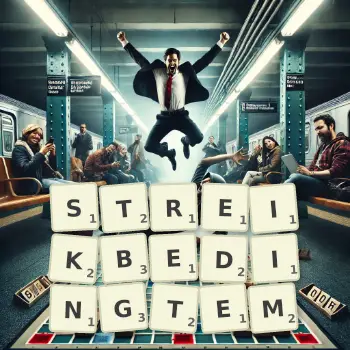 Kreative Illustration für ein Scrabble-Spiel, bei dem das Wort STREIKBEDINGTEM mit Steinen auf dem Brett gelegt wurde.