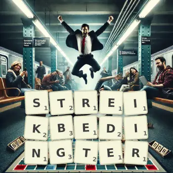 Kreative Illustration für ein Scrabble-Spiel, bei dem das Wort STREIKBEDINGTER mit Steinen auf dem Brett gelegt wurde.