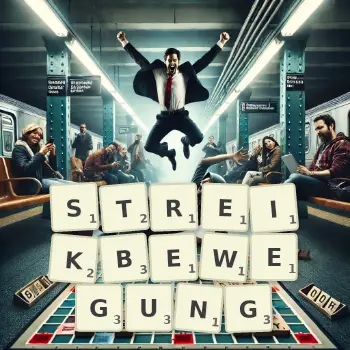 Kreative Illustration für ein Scrabble-Spiel, bei dem das Wort STREIKBEWEGUNG mit Steinen auf dem Brett gelegt wurde.