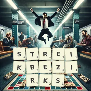 Kreative Illustration für ein Scrabble-Spiel, bei dem das Wort STREIKBEZIRKS mit Steinen auf dem Brett gelegt wurde.