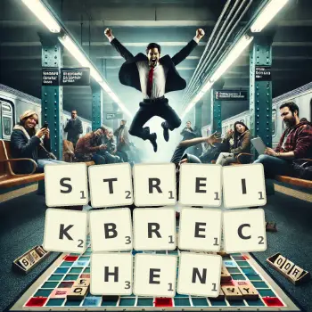 Kreative Illustration für ein Scrabble-Spiel, bei dem das Wort STREIKBRECHEN mit Steinen auf dem Brett gelegt wurde.