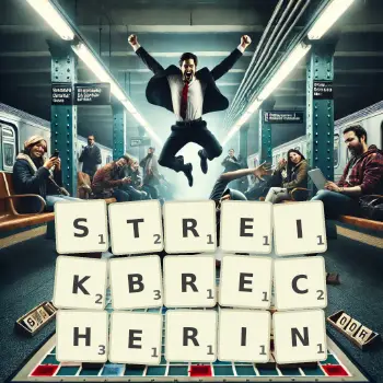 Kreative Illustration für ein Scrabble-Spiel, bei dem das Wort STREIKBRECHERIN mit Steinen auf dem Brett gelegt wurde.