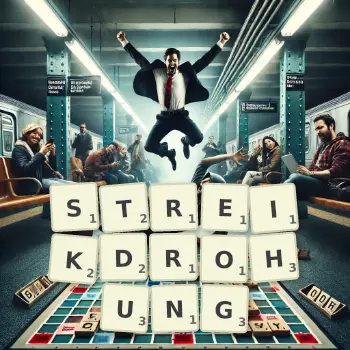 Kreative Illustration für ein Scrabble-Spiel, bei dem das Wort STREIKDROHUNG mit Steinen auf dem Brett gelegt wurde.