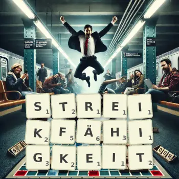 Kreative Illustration für ein Scrabble-Spiel, bei dem das Wort STREIKFÄHIGKEIT mit Steinen auf dem Brett gelegt wurde.