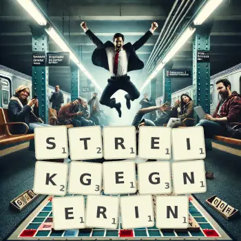 Kreative Illustration für ein Scrabble-Spiel, bei dem das Wort STREIKGEGNERIN mit Steinen auf dem Brett gelegt wurde.