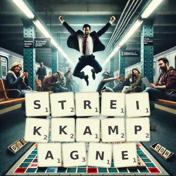 Kreative Illustration für ein Scrabble-Spiel, bei dem das Wort STREIKKAMPAGNE mit Steinen auf dem Brett gelegt wurde.