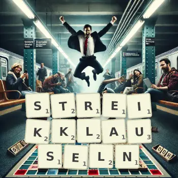 Kreative Illustration für ein Scrabble-Spiel, bei dem das Wort STREIKKLAUSELN mit Steinen auf dem Brett gelegt wurde.