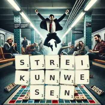 Kreative Illustration für ein Scrabble-Spiel, bei dem das Wort STREIKUNWESEN mit Steinen auf dem Brett gelegt wurde.