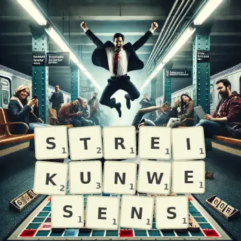 Kreative Illustration für ein Scrabble-Spiel, bei dem das Wort STREIKUNWESENS mit Steinen auf dem Brett gelegt wurde.