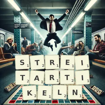 Kreative Illustration für ein Scrabble-Spiel, bei dem das Wort STREITARTIKELN mit Steinen auf dem Brett gelegt wurde.