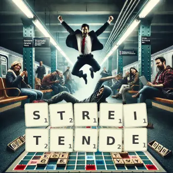 Kreative Illustration für ein Scrabble-Spiel, bei dem das Wort STREITENDE mit Steinen auf dem Brett gelegt wurde.