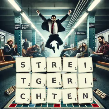 Kreative Illustration für ein Scrabble-Spiel, bei dem das Wort STREITGERICHTEN mit Steinen auf dem Brett gelegt wurde.