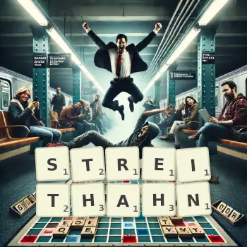 Kreative Illustration für ein Scrabble-Spiel, bei dem das Wort STREITHAHN mit Steinen auf dem Brett gelegt wurde.