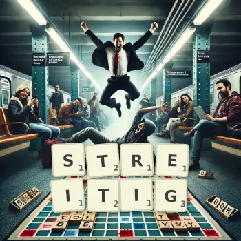 Kreative Illustration für ein Scrabble-Spiel, bei dem das Wort STREITIG mit Steinen auf dem Brett gelegt wurde.