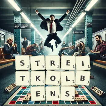 Kreative Illustration für ein Scrabble-Spiel, bei dem das Wort STREITKOLBENS mit Steinen auf dem Brett gelegt wurde.