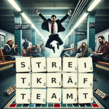 Kreative Illustration für ein Scrabble-Spiel, bei dem das Wort STREITKRÄFTEAMT mit Steinen auf dem Brett gelegt wurde.