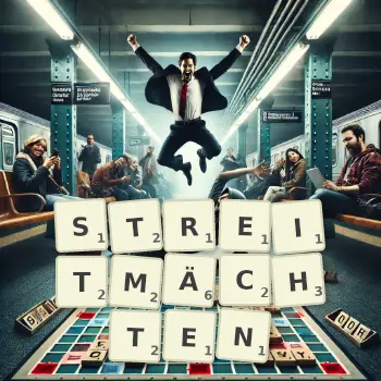Kreative Illustration für ein Scrabble-Spiel, bei dem das Wort STREITMÄCHTEN mit Steinen auf dem Brett gelegt wurde.