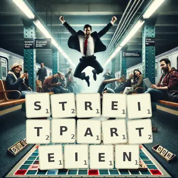 Kreative Illustration für ein Scrabble-Spiel, bei dem das Wort STREITPARTEIEN mit Steinen auf dem Brett gelegt wurde.