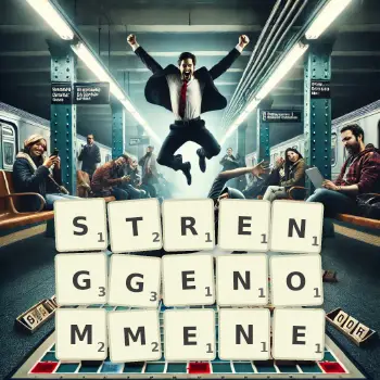 Kreative Illustration für ein Scrabble-Spiel, bei dem das Wort STRENGGENOMMENE mit Steinen auf dem Brett gelegt wurde.