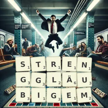 Kreative Illustration für ein Scrabble-Spiel, bei dem das Wort STRENGGLÄUBIGEM mit Steinen auf dem Brett gelegt wurde.