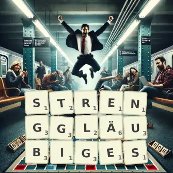 Kreative Illustration für ein Scrabble-Spiel, bei dem das Wort STRENGGLÄUBIGES mit Steinen auf dem Brett gelegt wurde.