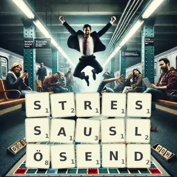 Kreative Illustration für ein Scrabble-Spiel, bei dem das Wort STRESSAUSLÖSEND mit Steinen auf dem Brett gelegt wurde.