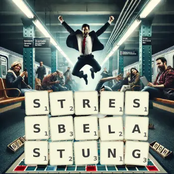 Kreative Illustration für ein Scrabble-Spiel, bei dem das Wort STRESSBELASTUNG mit Steinen auf dem Brett gelegt wurde.
