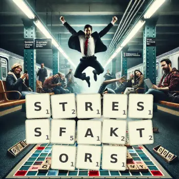 Kreative Illustration für ein Scrabble-Spiel, bei dem das Wort STRESSFAKTORS mit Steinen auf dem Brett gelegt wurde.