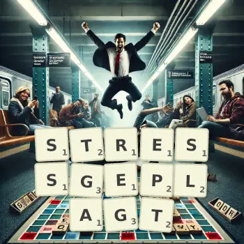 Kreative Illustration für ein Scrabble-Spiel, bei dem das Wort STRESSGEPLAGT mit Steinen auf dem Brett gelegt wurde.