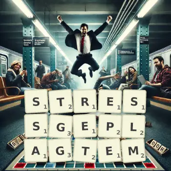 Kreative Illustration für ein Scrabble-Spiel, bei dem das Wort STRESSGEPLAGTEM mit Steinen auf dem Brett gelegt wurde.
