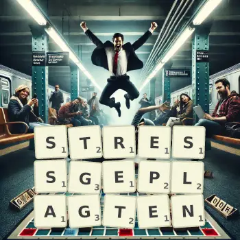 Kreative Illustration für ein Scrabble-Spiel, bei dem das Wort STRESSGEPLAGTEN mit Steinen auf dem Brett gelegt wurde.