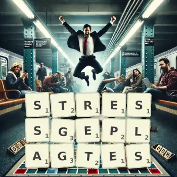 Kreative Illustration für ein Scrabble-Spiel, bei dem das Wort STRESSGEPLAGTES mit Steinen auf dem Brett gelegt wurde.