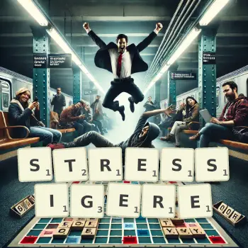 Kreative Illustration für ein Scrabble-Spiel, bei dem das Wort STRESSIGERE mit Steinen auf dem Brett gelegt wurde.