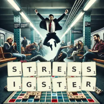 Kreative Illustration für ein Scrabble-Spiel, bei dem das Wort STRESSIGSTER mit Steinen auf dem Brett gelegt wurde.
