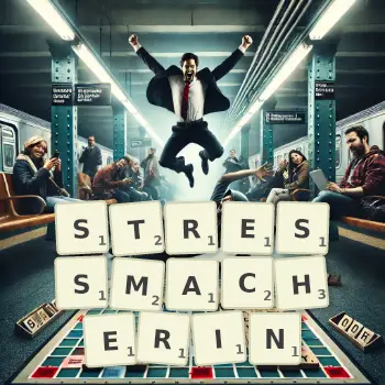 Kreative Illustration für ein Scrabble-Spiel, bei dem das Wort STRESSMACHERIN mit Steinen auf dem Brett gelegt wurde.