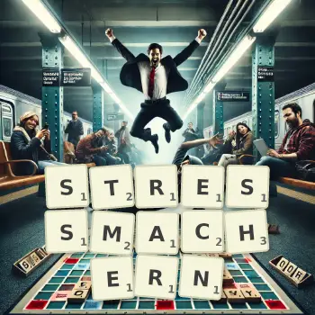 Kreative Illustration für ein Scrabble-Spiel, bei dem das Wort STRESSMACHERN mit Steinen auf dem Brett gelegt wurde.