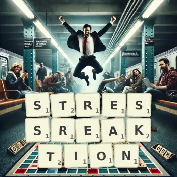 Kreative Illustration für ein Scrabble-Spiel, bei dem das Wort STRESSREAKTION mit Steinen auf dem Brett gelegt wurde.