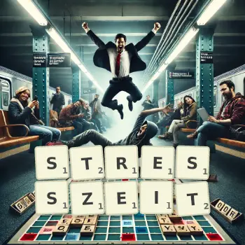 Kreative Illustration für ein Scrabble-Spiel, bei dem das Wort STRESSZEIT mit Steinen auf dem Brett gelegt wurde.