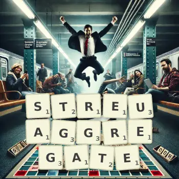Kreative Illustration für ein Scrabble-Spiel, bei dem das Wort STREUAGGREGATE mit Steinen auf dem Brett gelegt wurde.