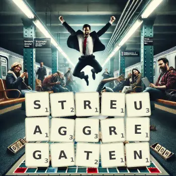 Kreative Illustration für ein Scrabble-Spiel, bei dem das Wort STREUAGGREGATEN mit Steinen auf dem Brett gelegt wurde.