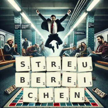 Kreative Illustration für ein Scrabble-Spiel, bei dem das Wort STREUBEREICHEN mit Steinen auf dem Brett gelegt wurde.