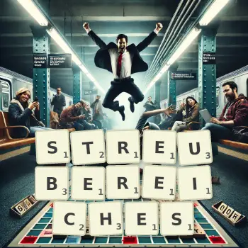 Kreative Illustration für ein Scrabble-Spiel, bei dem das Wort STREUBEREICHES mit Steinen auf dem Brett gelegt wurde.