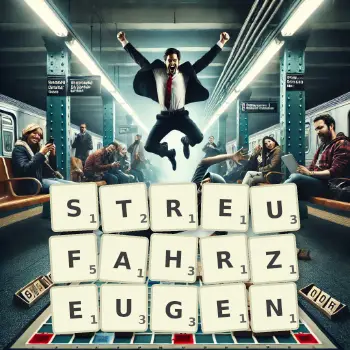Kreative Illustration für ein Scrabble-Spiel, bei dem das Wort STREUFAHRZEUGEN mit Steinen auf dem Brett gelegt wurde.
