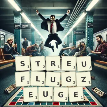 Kreative Illustration für ein Scrabble-Spiel, bei dem das Wort STREUFLUGZEUGE mit Steinen auf dem Brett gelegt wurde.