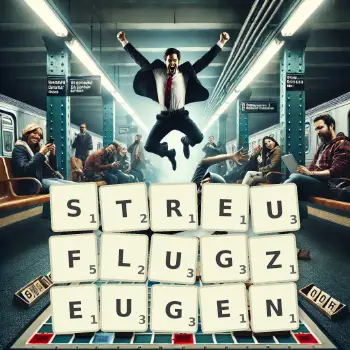 Kreative Illustration für ein Scrabble-Spiel, bei dem das Wort STREUFLUGZEUGEN mit Steinen auf dem Brett gelegt wurde.